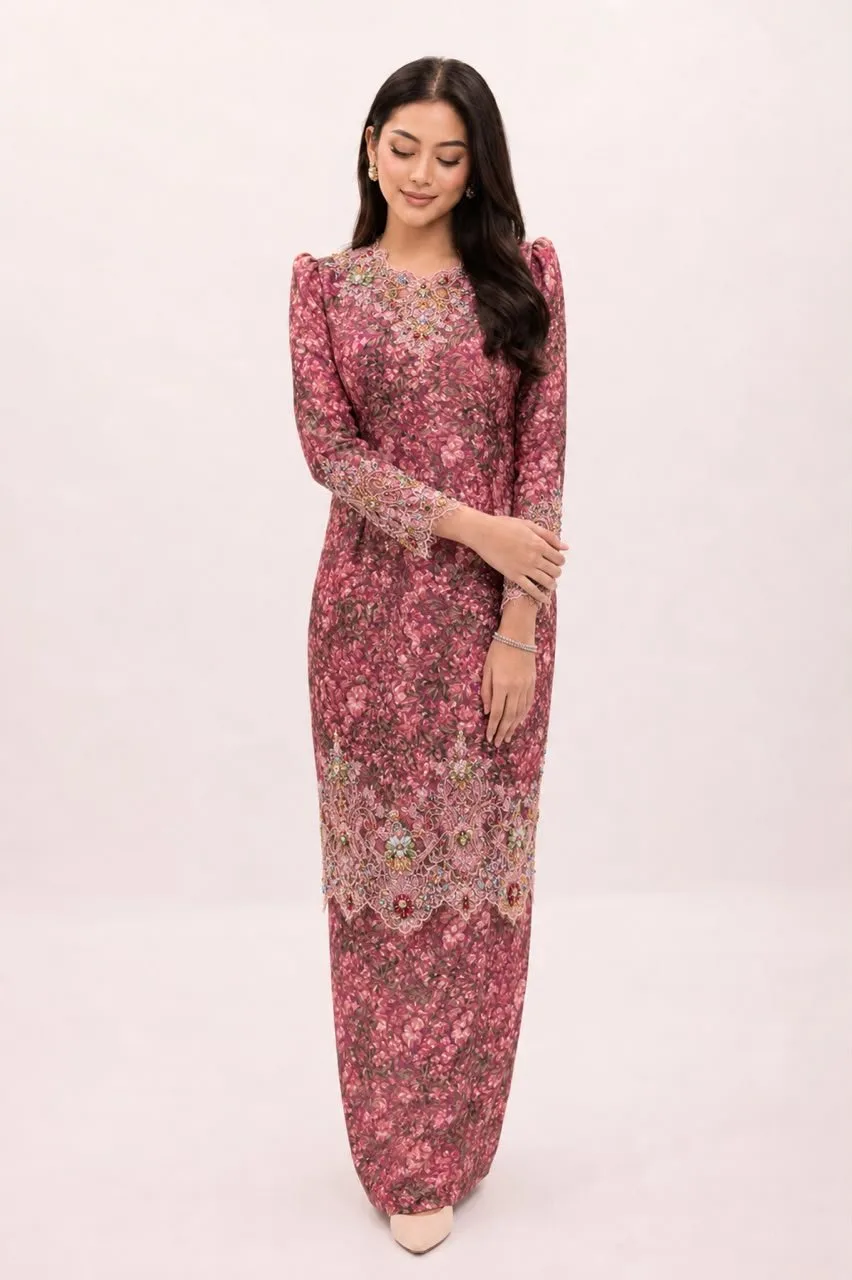 Seri Bayu kurung in rose floral silk with jewelled kerawang neckline and hem