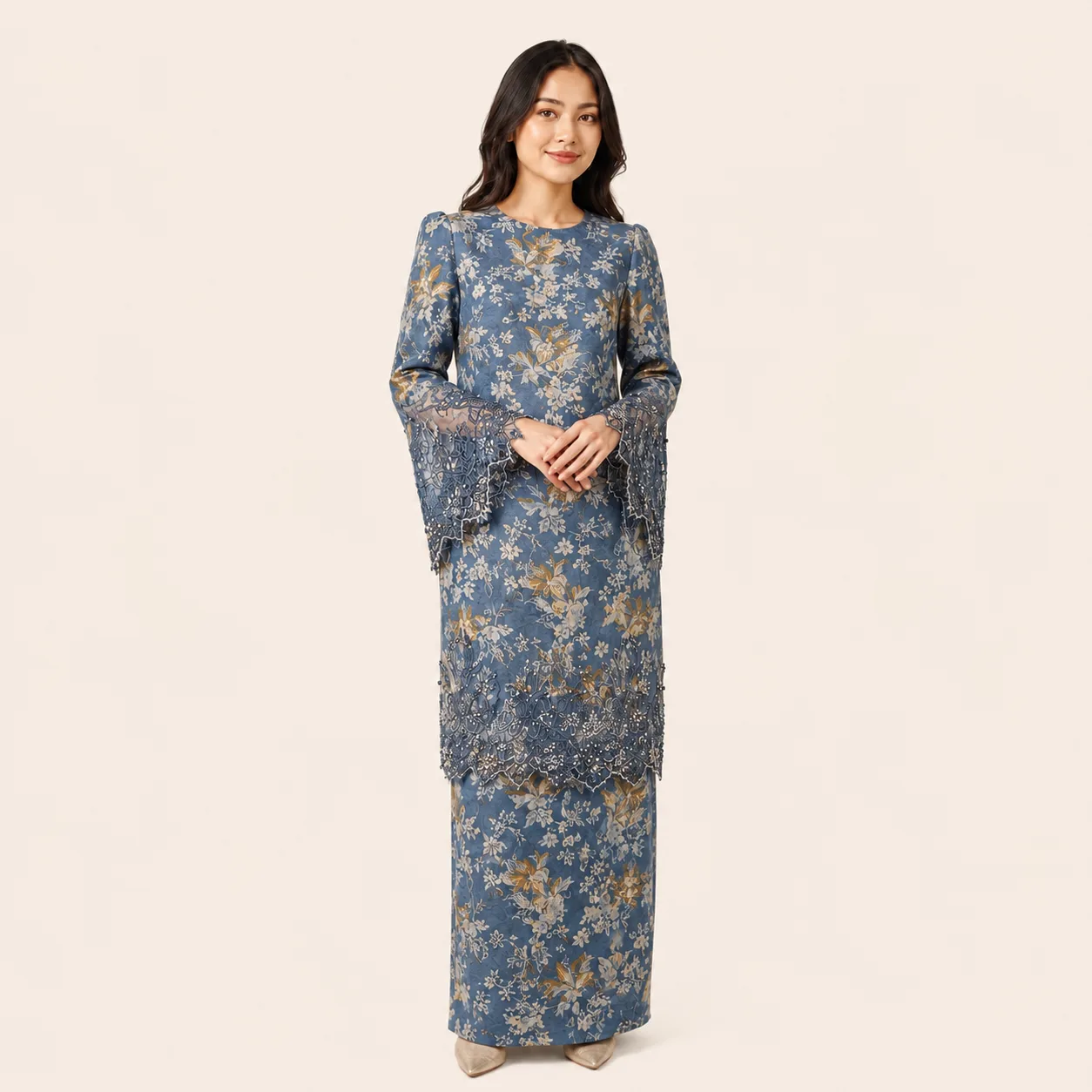 Ombak kurung in blue floral silk with beaded lace sleeves and hem